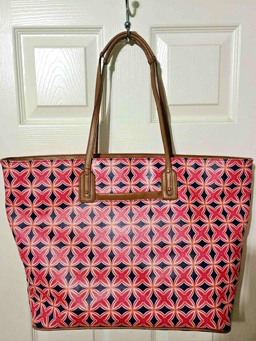 Stella & Dot Red & Navy Patterned Tote Bag with Tan Faux Leather Handles